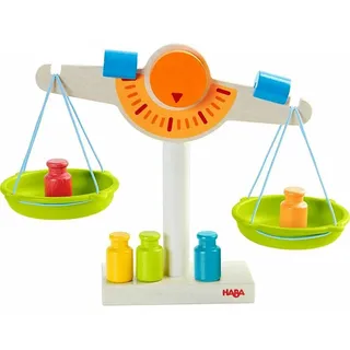HABA 302639 - HABA-Kaufladen-Waage, Waage für Kaufmannsladen aus Holz mit zwei Waagschalen aus Kunststoff, 5 Messgewichten und 2 Ausgleichsgewichten, Spielzeug ab 3 Jahren
