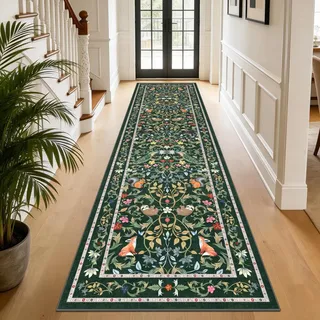 TUKDAK Teppich Läufer Flur rutschfest 80x300cm, Grün Waschbar Tiere Teppichläufer Flur, Boho Wald Küchenläufer, Kurzflor Küchenteppich, Flurteppich Läufer Lang Wohnzimmer Schlafzimmer Korridor