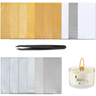 Selbstklebende Buchstaben Aufkleber Klein Gold/Silber Wachsbuchstaben Aufkleber für Kerzen - Individuelle Gestaltung mit Kerzentattoos und Wachsplatten - Verleihen Sie Ihren Kerzen Persönlichkeit