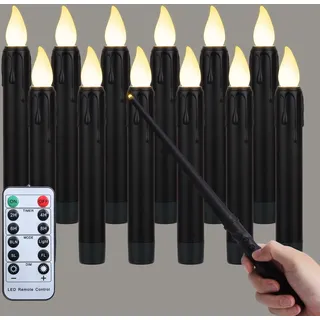 FREEPOWER 12er Schwebende LED Kerzen Schwarz mit Zauberstab - Fernbedienung und Timer - Warmweiß Flackern - Batteriebetrieben Stabkerzen 17cm - Outdoor Wasserdicht