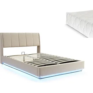 [en.casa] LED Polsterbett Tröstiar mit Matratze 160x200cm Beige