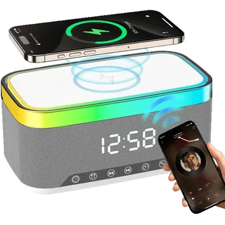 SUNOYA Digitaler Radiowecker mit Kabelloser Ladestation, Bluetooth-Audio-Wecker, Digitaler Wecker, Wecker Digital, Digitalwecker mit Licht, Kabelloses Ladegerät für Schlafzimmer und Nachttisch