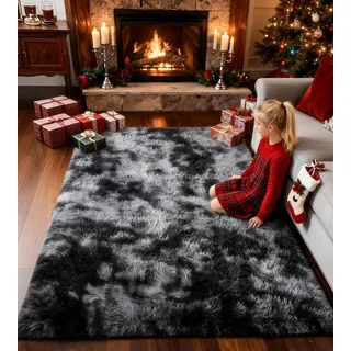 ROHATIM Teppich Wohnzimmer 200 x 300 cm dunkelgrau Waschbar Rutschfester Hochflorteppich Kinderzimmer Schlafzimmer Flauschiger Teppiche