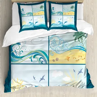 ABAKUHAUS Strand Bettbezug, Maritime Themed Waves, Milbensicher Allergiker geeignet mit Kissenbezügen, 155 cm x 220 cm - 80 x 80 cm, Blau Beige Grün - Blau