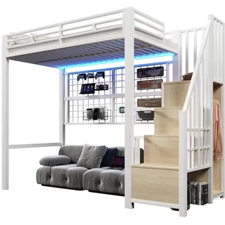 Stilvora Hochbett 90/200 cm in Weiß mit Kleiderschrank, Stauraumleiter und Led , Metall , 90x200 cm , Babymöbel & Kindermöbel, Kinderzimmer & Jugendzimmer, Kinderbetten, Hochbetten