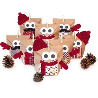 Pajoma Adventskalender zum Befüllen Weihnachtseule mit Extras, Bastelset Eule Owl DIY 24 Beutel Kraftpapier Tüten 14x22cm rot mit Extras)