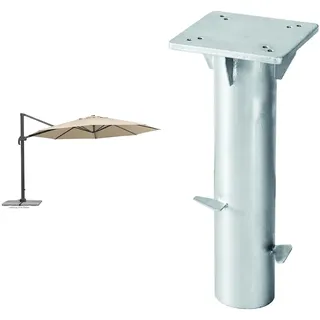 Schneider Sonnenschirm Rhodos Grande, natur, 400 cm rund, 789-02, Gestell Aluminium, Bespannung Polyester, 25.5 kg & Universal-Bodenplatte für Ampelschirme, 897-00, zum Einbetonieren, 3.8 kg, Silber