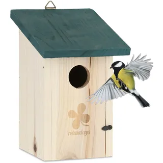 Relaxdays Nistkasten für Vögel, 35mm Einflugloch, aufklappbar, Meisen & Sperlinge, Vogelhaus zum Aufhängen, Natur-grün