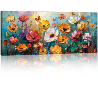 Mit Rahmen Großes Leinwandbilder Wandbilder, Bunte Weinlese Blumen Abstrakt bild auf leinwand Wandkunst Orange Rot Floral Kunstdruck Deko für Wohnzimmer Schlafzimmer fertig zum Aufhängen 120x50cm