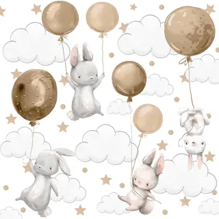 Muralo Aufkleber Set für Kinderzimmer Kaninchen Wolken Sterne Wandstickers für Kinder 120 cm x 60 cm