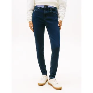 Skinny-fit-Jeans TOMMY JEANS "NORA MR SKNY AH1280", Damen, Gr. 28, Länge 32, blau (denim schwarz1), Denim/Jeans, Obermaterial: 88% Baumwolle, 10% sonstige Fasern, 2% Elasthan, unifarben, skinny fit lang, Jeans Skinny-fit-Jeans, mit Logo-Badge, Mid Rise