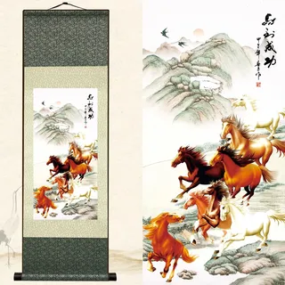 Newscz Schlafzimmer-Bilder für Wandkunst-Dekoration, Wandgemälde, Seiden-Rollbild-Kunstgemälde, laufendes Pferd Poster, Wandteppich, Schlafzimmer Leinwand, asiatische Hausdekoration für Wohnzimmer