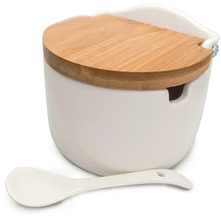 NERTHUS Salzstreuer aus Porzellan mit Holzdeckel und Löffel, Weiß