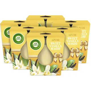 Air Wick Wohlfühl-Duftkerze im Glas – Duft: Sweet Vanilla Magic – Je bis zu 20 Stunden Brenndauer – Enthält natürliche ätherische Öle – 6 x 105 g Duftkerzenset