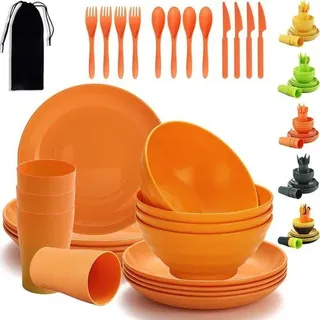 Plastik-Service-Set, 28 Stück, recycelbar, unzerbrechlich, leichtes Teller-Service, Becher, Löffel, Camping-Servietten, leicht zu tragen und zu reinigen, Waschmaschinentauglich, sicher bis 4 - Orange