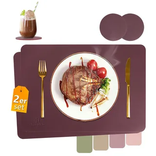HELI MIAO Tischsets Abwaschbar,Platzsets Abwischbar,Tischset Leder,Hitzebeständig Doppelseitigen I 2er Set Platzdeckchen Lederoptik mit Untersetzer,Tischuntersetzer,Platzdecken Weinrot