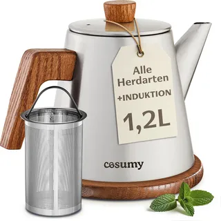 Cosumy Teekanne mit Siebeinsatz und Untersetzer - Dickes Edelstahl - Induktion & alle anderen Herdarten - 1200ml - Thermo Teekanne Metall mit Warmhaltefunktion