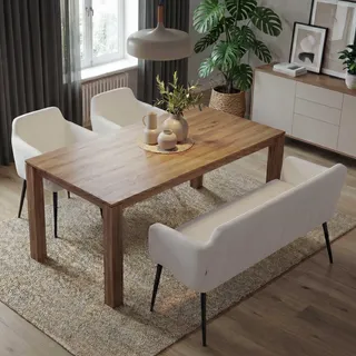 Esszimmer-Set HWC-L13, 2er-Set Stuhl+Sitzbank Esszimmergruppe Sitzgruppe Esszimmergarnitur, Stoff/Textil creme-weiß - Weiß