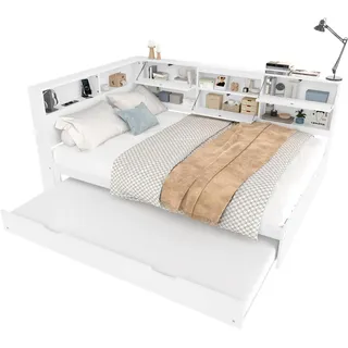 Holzbett mit Regal, Gästebett, Lattenrost und Mehrfachsteckdose, 140x200 cm, Doppelbett, Jugendbett, Kiefer - Weiß