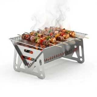 Ziyonix Camping Grill Klappgrill, Holzkohlegrill Picknickgrill Edelstahl Barbecue Tragbarer BBQ Kohle Smoker Grill Faltbarer Barbecue Camping Grill für Kochen Camping Wandern Picknick(28 * 18 * 13cm)