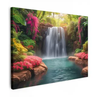 MuchoWow Leinwandbild Wasserfall - Natur - Pflanzen - Dschungel - Wasser Wandbilder 80x60 cm , Grün , Textil , Kiefer , Abstrakt , Rechteckig , 80x60 cm , FSC 100% , gerahmt , Bilder & Rahmen, Bilder, Leinwandbilder