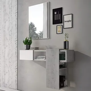 Dmora Eingangsmöbel mit Spiegel, Eingang für Flur mit Schublade, Taschenleerer für kleine Wohnungen, cm 100x27h155, Farbe Zement und Weiß