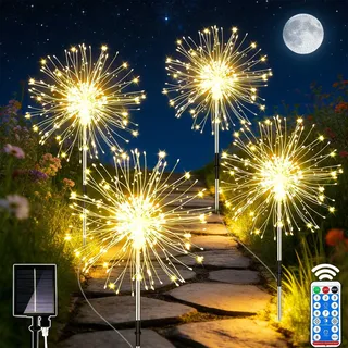 Joycome Solarleuchten für Außen 4x120 LED Feuerwerk Solarlampen mit Fernbedienung, 8 Modi Gartenleuchten Solar Wetterfest Pusteblume Gartenstecker, Gartenbeleuchtung für Balkon Blumenkästen Terrassen