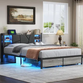 Bett aus Eisen und Holz (140 x 200 cm) mit Kopfteil, Lampe, Fußteil, zwei Schubladen und Ladegerät - Grau