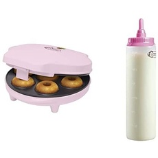 Bestron Donut Maker, inkl. Teigportionierer für 700ml mit Skala, Ideal zum Befüllen des Donut-Geräts, Farbe Gerät: Rosa, Teigflasche: Weiß