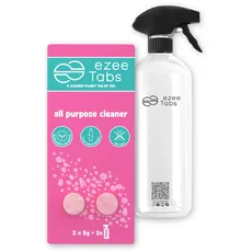 EzeeTabs Allzweckreiniger Bundle – Reinigungstabs für ein mikroplastikfreies, biologisch abbaubares und veganes Putzmittel – 2 x Reiniger für alle Oberflächen und 1 x wiederverwendbare Flasche