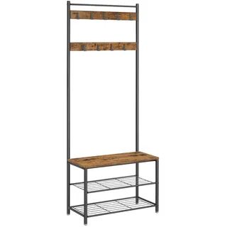 Boxxx Garderobenständer , Braun, Schwarz , Metall, Holzwerkstoff , 70x175x32 cm , Schuhablage, standfeste Füße, Jackenhalter, integrierte Sitzfläche , Garderobe, Garderobenständer