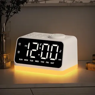 JALL Digitaler Radiowecker mit FM-Radio, Stromkabel, Nachtlicht und Timer | 5-Zoll-LED-Display, 8 Lichtfarben, 8 Schlafgeräusche, 2 USB-Ladeanschlüsse, Dual-Alarm, Snooze, Timer 10–480 Min., Weiß
