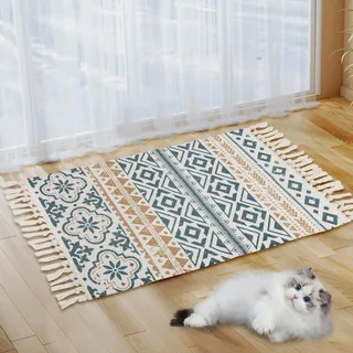 MORROWCAMP Boho Teppich klein 58 x 88 cm, Baumwolle Teppich Waschbar mit Quasten, Schmaler Kleiner Baumwollteppich für Wohnzimmer Schlafzimmer Flur, Handgewebter Boho Stil Teppich (Orange)