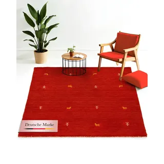 Wollteppich CARPETFINE "Gabbeh-Uni", rot, B:120cm H:15mm L:120cm, Wolle, Teppiche, Wollteppich, reine Wolle, handgewebt, Gabbeh Loom Tiermotiv, Sonderform Quadrat