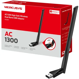 Mercusys MA30H AC1300 High Gain USB WLAN Stick Adapter mit Antennen(bis zu 867 Mbit/s 5GHz, 400 Mbit/s 2,4GHz, nur Kompatibel mit Windows 11/10 (32/64 bit)