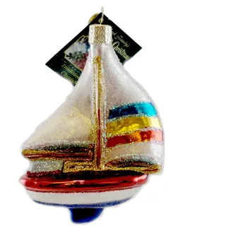 Old World Christmas 46028 Flugzeuge, Züge, Hubschrauber, Boote und Lastwagen, Glasgeblasene Ornamente für Weihnachtsbaum, Segelboot, Blau