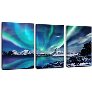 MHARTK66 Bilder Aurora Borealis Norwegen, Nordlicht Grün Blau Sternenhimmel Natur Panorama Leinwandbilder, Polarlicht Wandbilder Wohnzimmer Schlafzimmer Küche Esszimmer und Badezimmer