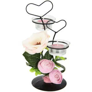 I.GE.A. Dekorierter Teelichthalter aus Metall mit Glaseinsatz Teelichtkerze Herz Kunstblumen Kerzenständer Kerzenhalter Tischdeko Kerzen Ostern Muttertag Valentinstag Hochzeit Hochzeitsdeko Windlicht