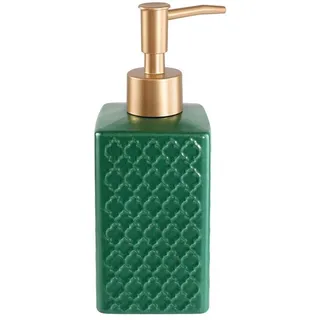 Unyqoos® Keramik-Seifenspender 350 ml – 7 x 7 x 18 cm, goldfarbene verzinkte Kunststoffpumpe, prismatische Anti‐Rutsch‐Oberfläche, für Flüssigseife & Lotion - Grün