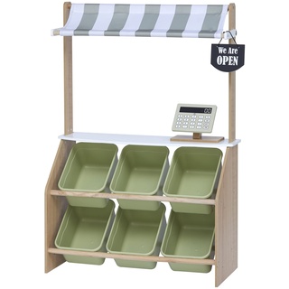 Teamson Kids Little Helper Pretend Play Holzmarkt Lebensmittelständer Rollenspiel-Spielzeug-Set für Kinder mit interaktiven Funktionen & 6 Zubehör Grün TD-13638A