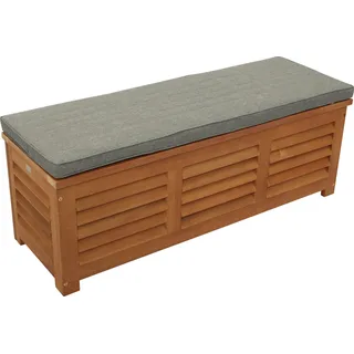 DEGAMO Kissenbox Gartenbox MONZA 128x42x43,5cm Holz Eukalyptus, Sitzpolster grau - Braun, Grau