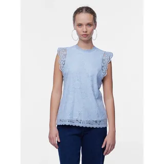 Spitzentop PIECES "PCOLLINE", Damen, Gr. M, blau (hellblau), Spitze, Obermaterial: 90% Nylon, 10% Elasthan, unifarben, figurumspielend normal, Rundhals, Spitze, Tops Spitzentop