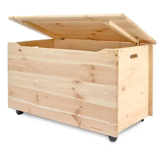 Pinus Spielzeugkiste 90x48x51 cm mit Deckel Rollen Kinderzimmer Natural | Kiefernholz, große Aufbewahrung, für Spielzeug Decken Kuscheltiere, 4 Rollen, niedrige Höhe, leichtes Einräumen