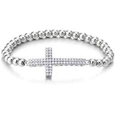COOLSTEELANDBEYOND Damen Perlen Gliederkette Armband mit Zirkonia Horizontalen Seite Kreuz, Exquisite