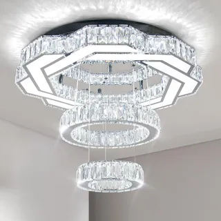 FRIXCHUR 22,4" Moderne Kristall-Kronleuchter, LED-Kronleuchterlampe, runder Ring, Unterputz-Deckenleuchte für Wohnzimmer, Schlafzimmer, Esszimmer (Kaltes Weiß)
