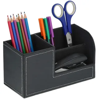 Relaxdays Schreibtisch Organizer, Stiftehalter mit 3 Fächern, Kunstleder, HBT: 11 x 20 x 9,5 cm, Büroorganizer, schwarz