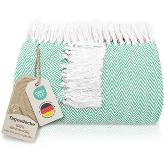 Gräfenstayn Premium Tagesdecke mit Fransen - 100% Baumwolle - 220 x 240 cm - Fischgrätenmuster Sommerdecke - Baumwolldecke als Bett-Überwurf, Couch-Überwurf, Sofa-Decke (Mint)