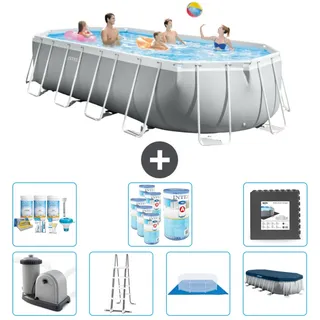 Intex Oval Prism Frame Swimmingpool – 610 x 305 x 122 cm – Grau – inklusive Pumpe – Leiter – Bodenplane – Abdeckung Wartungspaket - Filter - Bodenfliesen