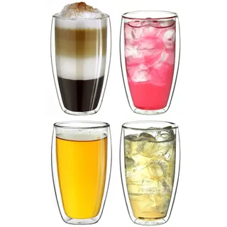Creano doppelwandiges Thermoglas 400ml „DG-SH“, großes Doppelwandglas aus Borosilikatglas, doppelwandige Latte Macchiato Gläser, Kaffee, Tee, 4er Set