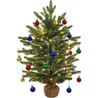 Künstliche Mini Weihnachtsbaum - 60 cm - Mit LED-String-Lichtern und dekorativen Kugeln - Jute-Grundplatte - Weihnachts-Tischdeko